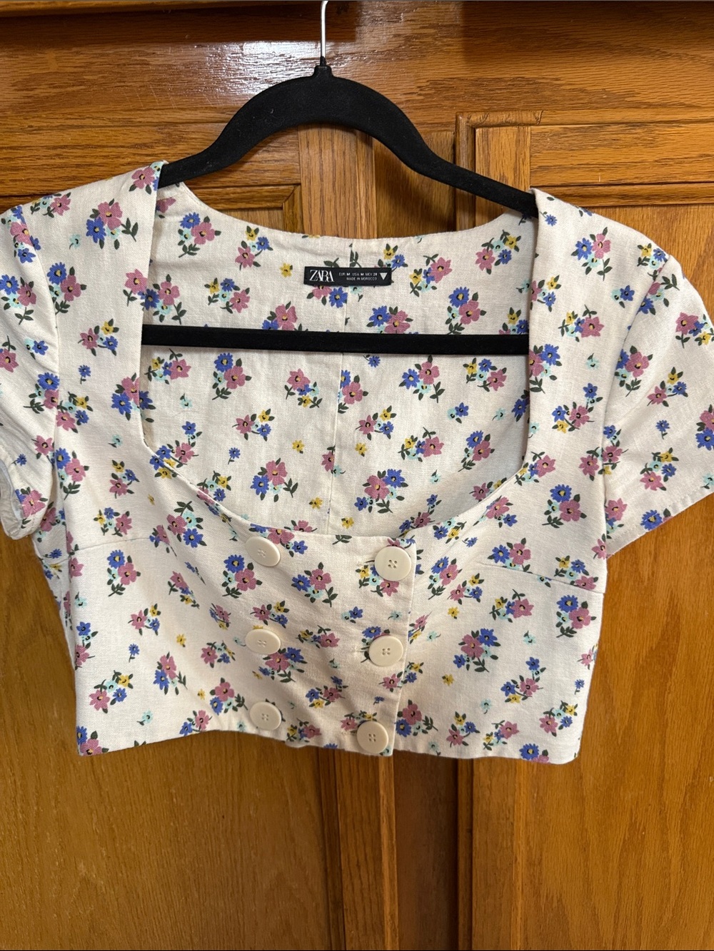 Zara Cream Floral Button-Front Square-Neck Crop Top